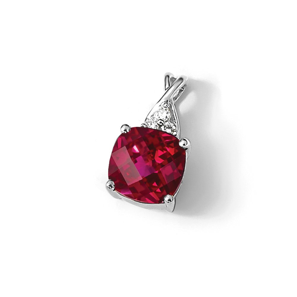 14k White Gold 7mm Cushion Checkerboard July/Lab Created Ruby and Diamond Pendant