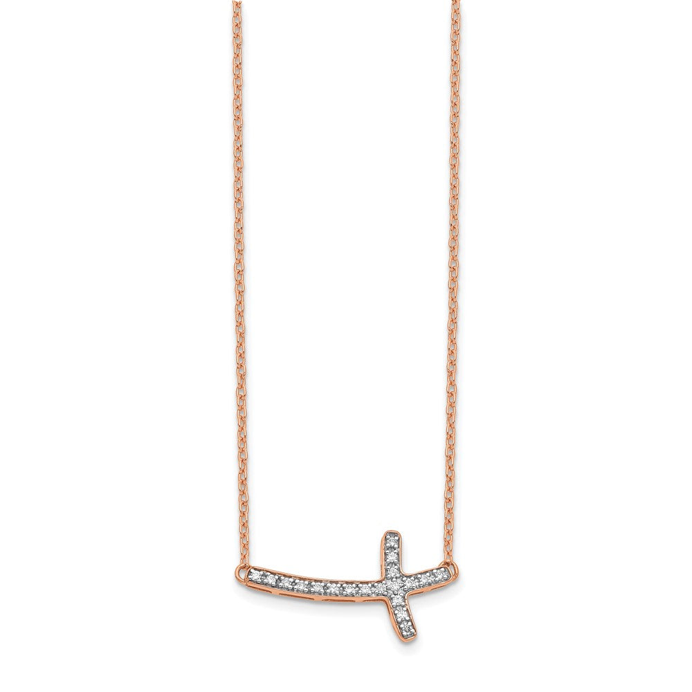 14k Rose Gold 1/10 carat Diamond Sideways Cross 18 inch Necklace