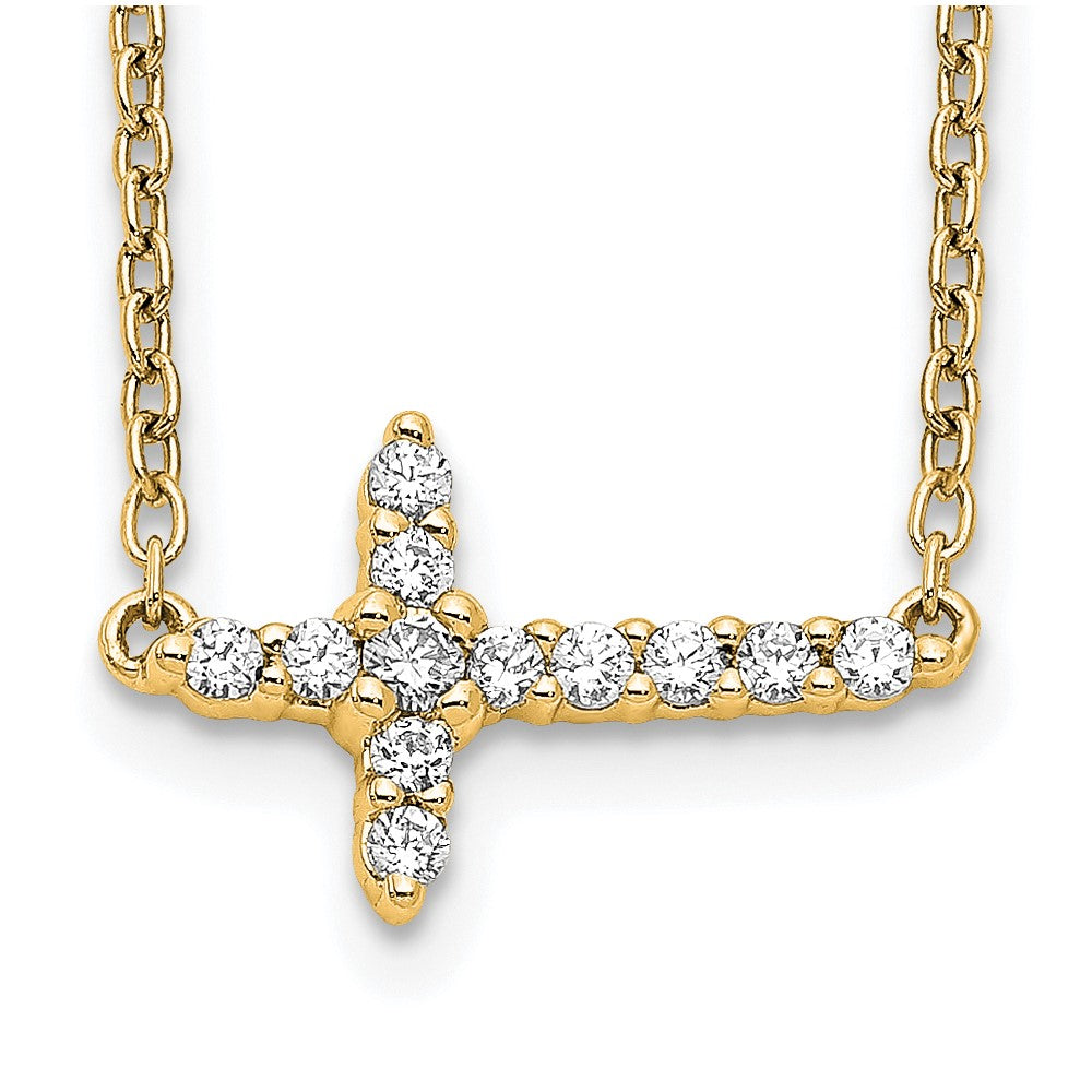 14k Polished 1/6 carat Diamond Sideways Cross 18 inch Necklace