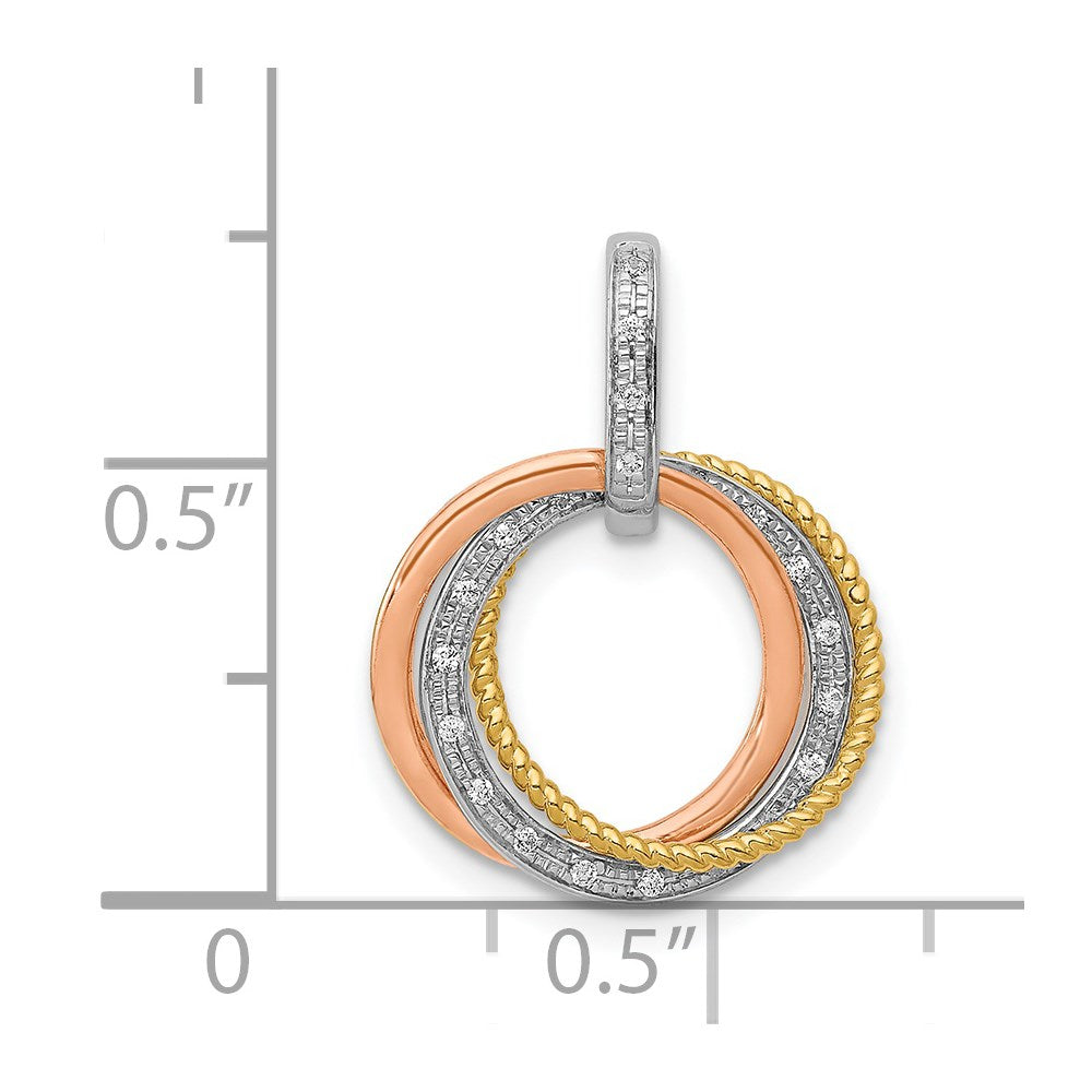 14k Tri-color 1/20 carat Diamond Three Intertwined Circles Pendant
