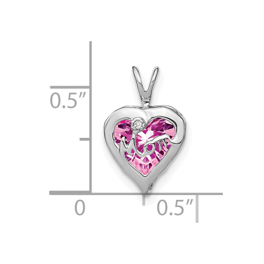 14k White Gold Lab Created Pink Sapphire and Diamond MOM Heart Pendant