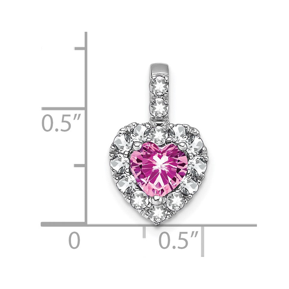 14k White Gold Lab Created Pink Sapphire and White Topaz Halo Heart Pendant