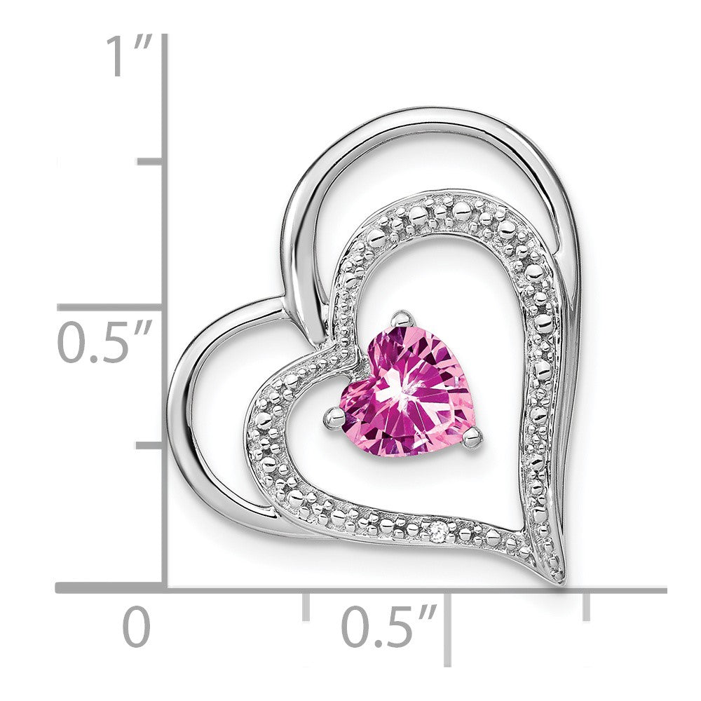 14k White Gold Lab Created Pink Sapphire and Diamond Double Heart Chain Slide