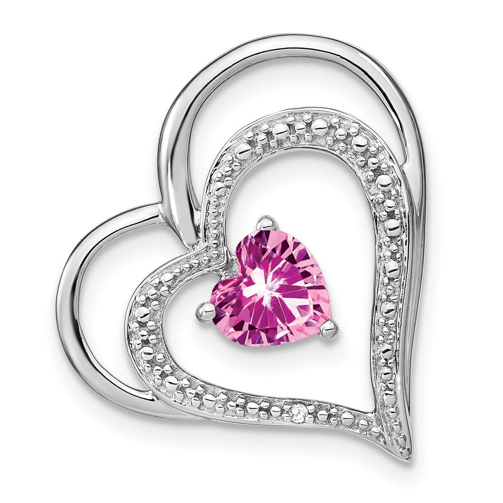 14k White Gold Lab Created Pink Sapphire and Diamond Double Heart Chain Slide