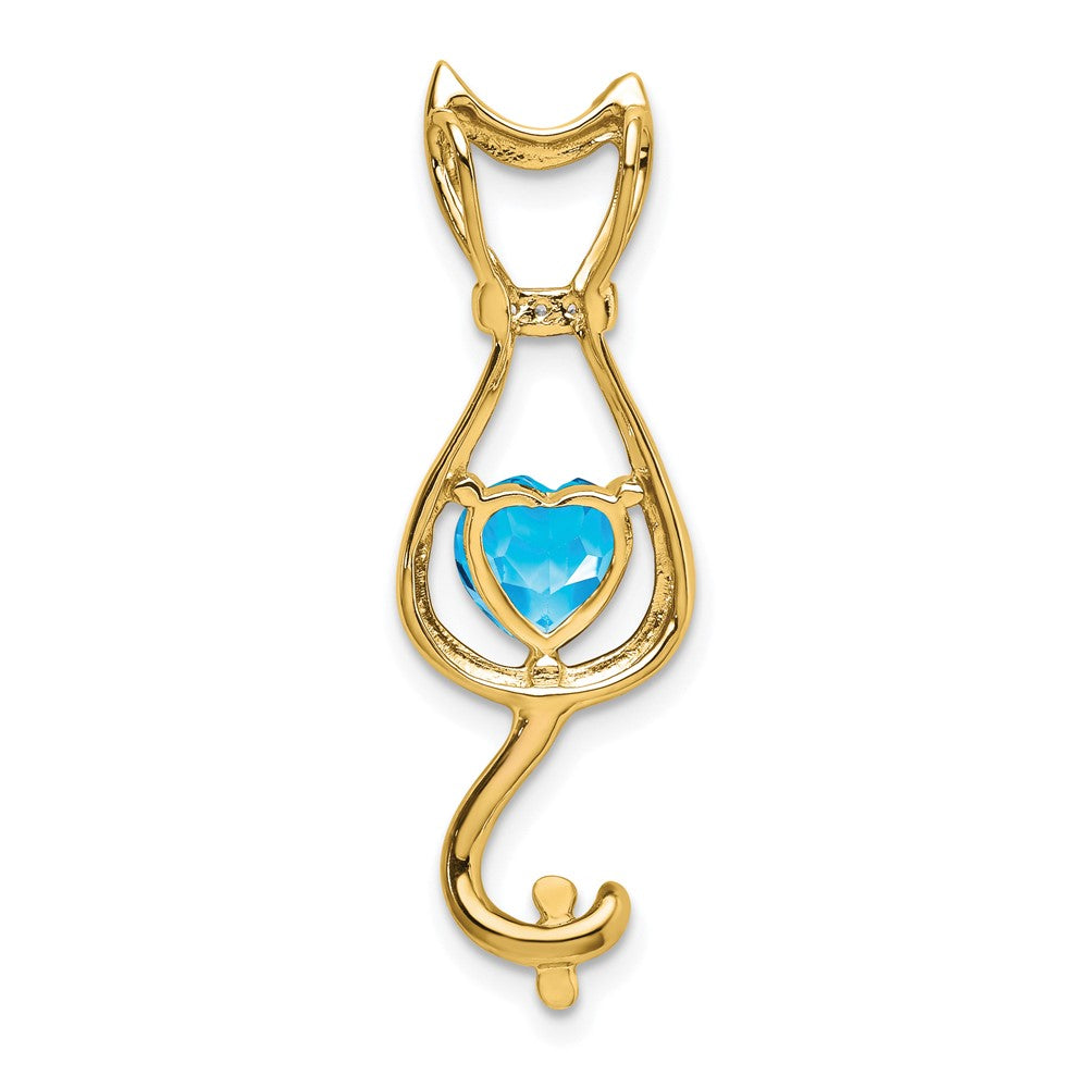 14k 6mm Heart Blue Topaz and Diamond Cat Chain Slide