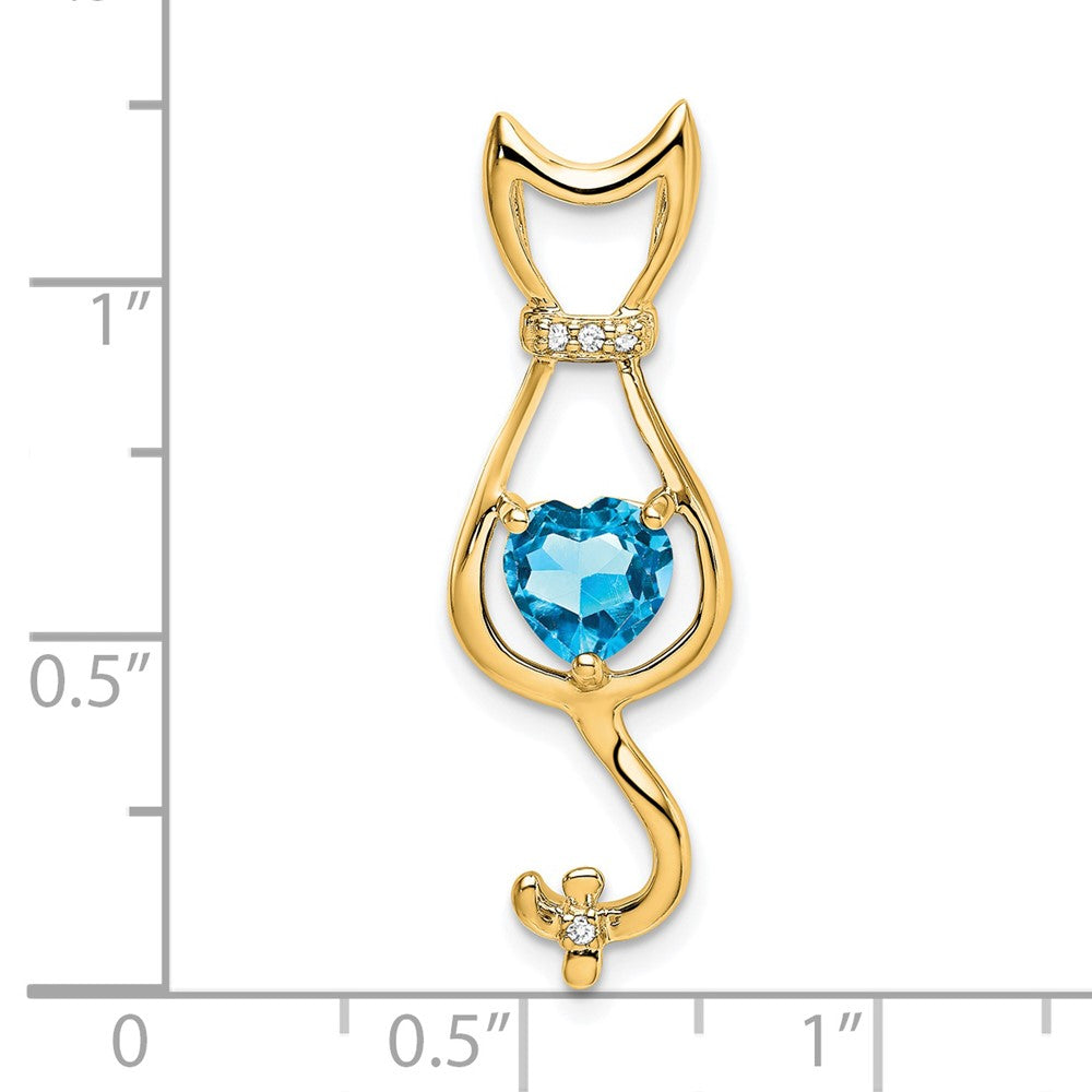 14k 6mm Heart Blue Topaz and Diamond Cat Chain Slide