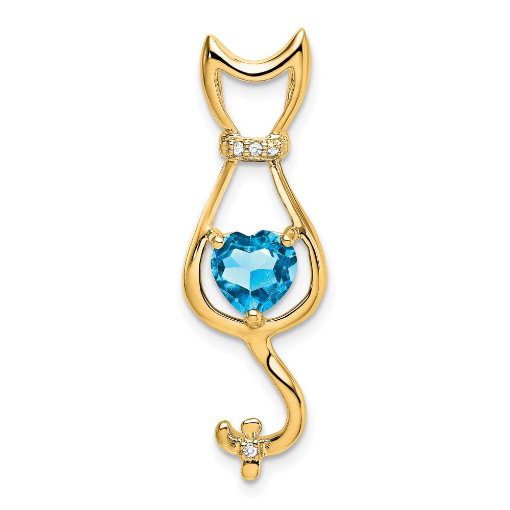 14k 6mm Heart Blue Topaz and Diamond Cat Chain Slide