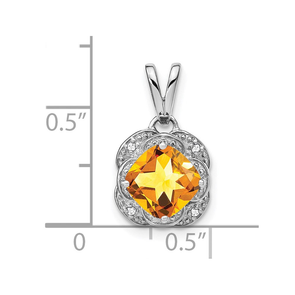 14k White Gold 7mm Cushion Citrine and Diamond Pendant