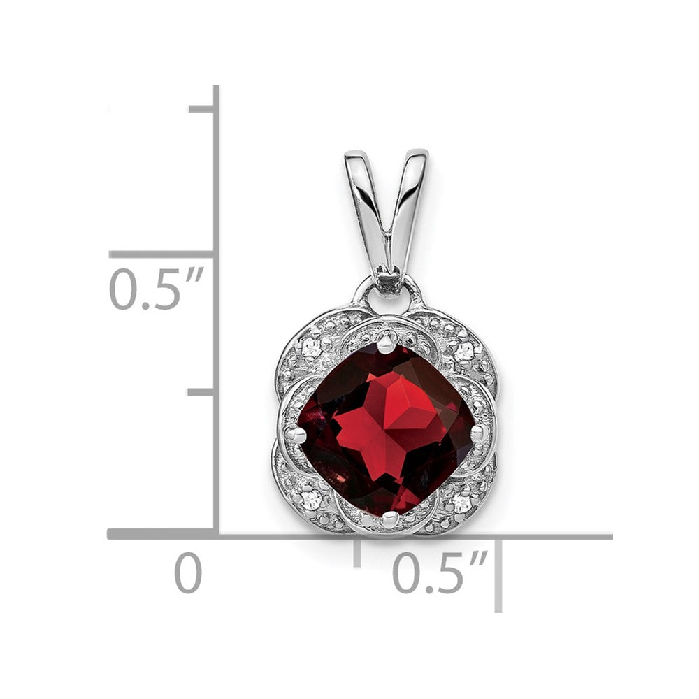 14k White Gold 7mm Cushion Garnet and Diamond Pendant
