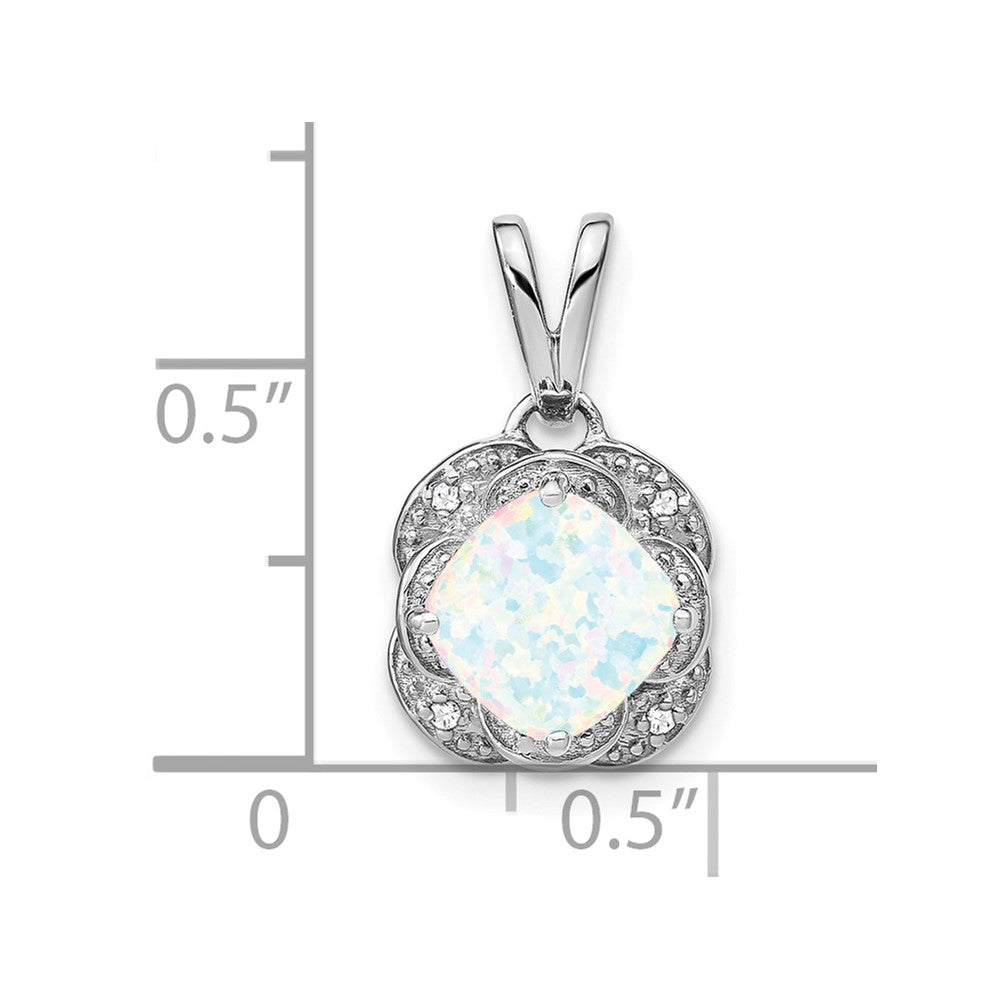 14k White Gold Cushion Lab Created Opal and Diamond Pendant