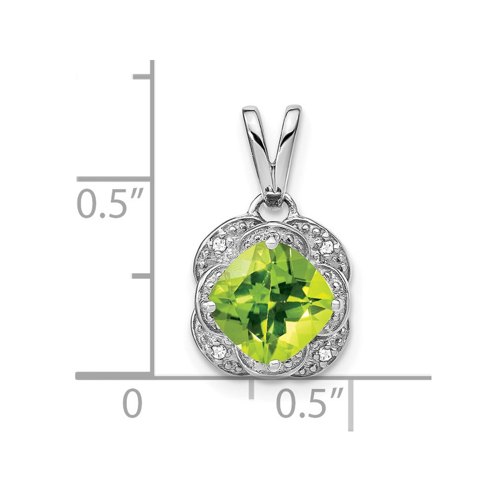 14k White Gold 7mm Cushion Peridot and Diamond Pendant
