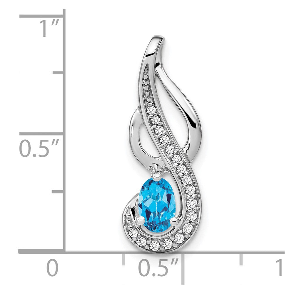 14k White Gold 6x4mm Oval Blue Topaz and Diamond Swirl Chain Slide