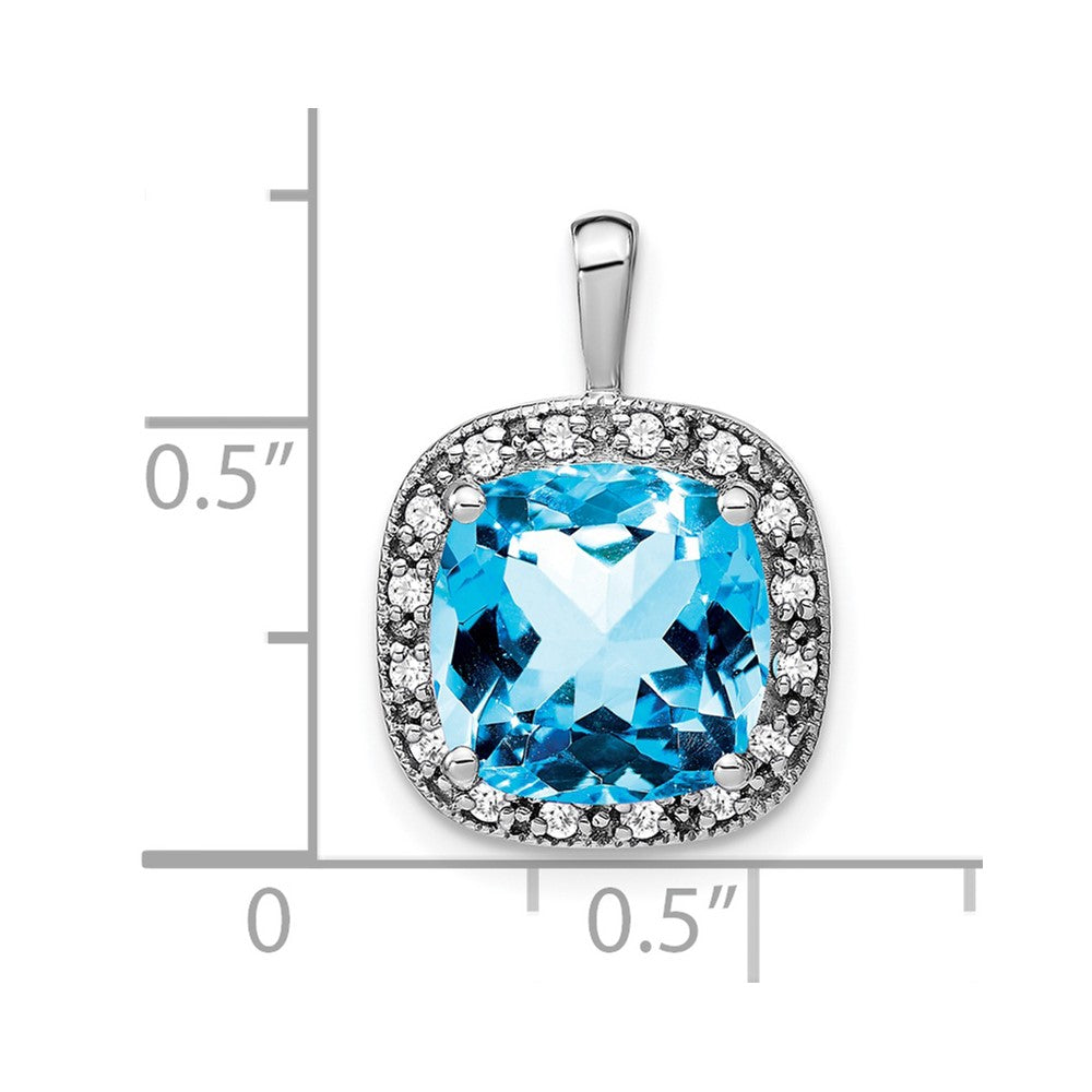 14k White Gold 10mm Cushion Blue Topaz and Diamond Halo Pendant