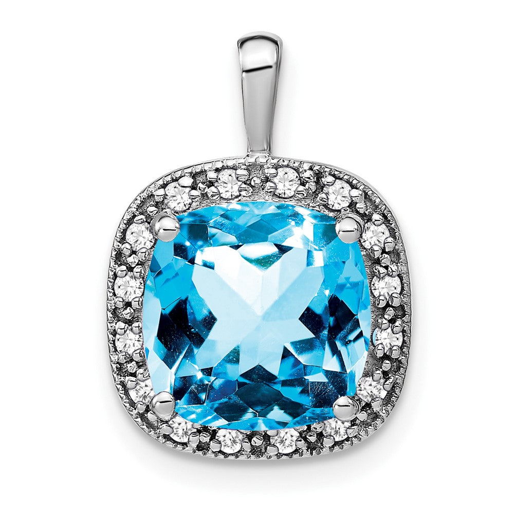 14k White Gold 10mm Cushion Blue Topaz and Diamond Halo Pendant