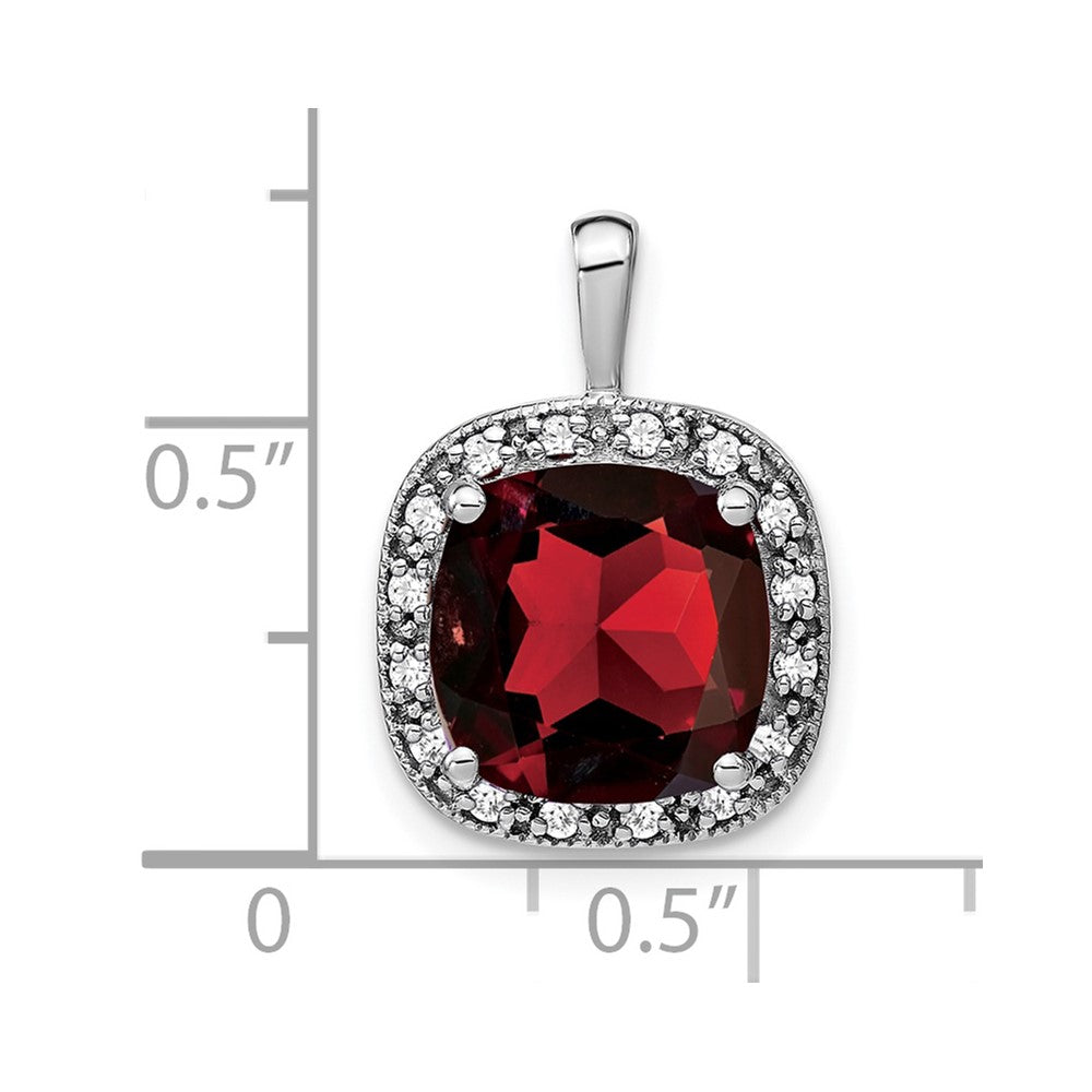 14k White Gold 10mm Cushion Garnet and Diamond Halo Pendant