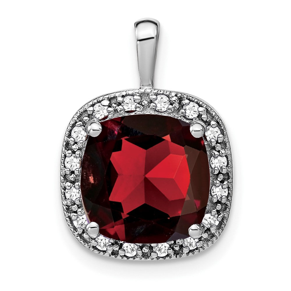 14k White Gold 10mm Cushion Garnet and Diamond Halo Pendant