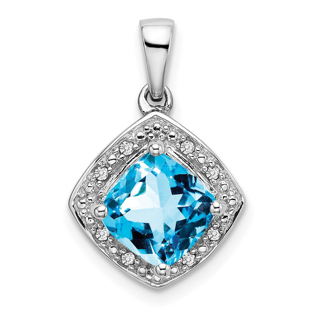 10k White Gold Cushion Blue Topaz and Diamond Pendant