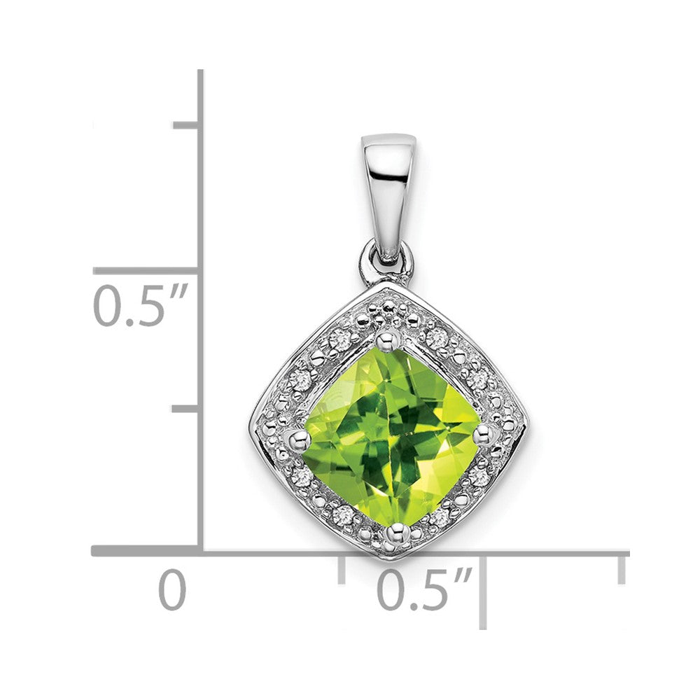 14k White Gold 7mm Cushion Peridot and Diamond Halo Pendant