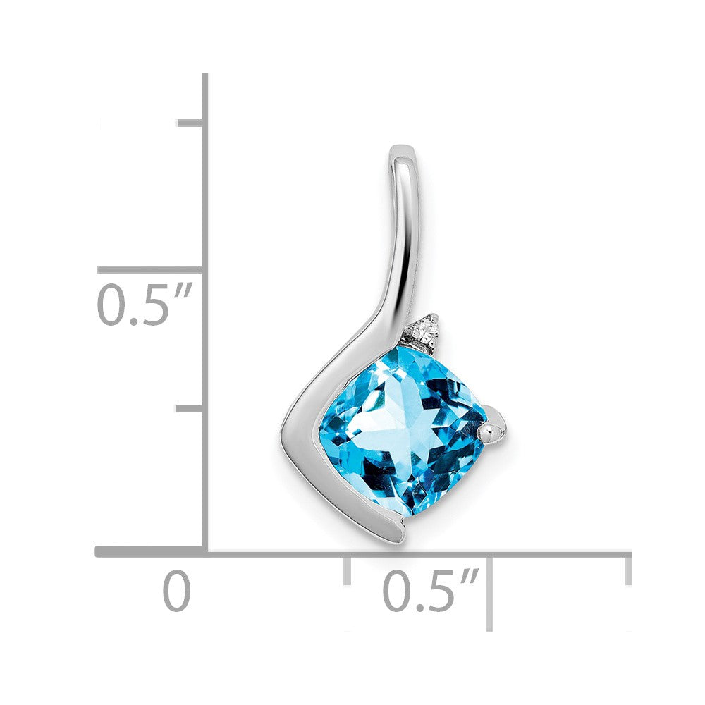 14k White Gold 7mm Cushion Blue Topaz and Diamond Pendant