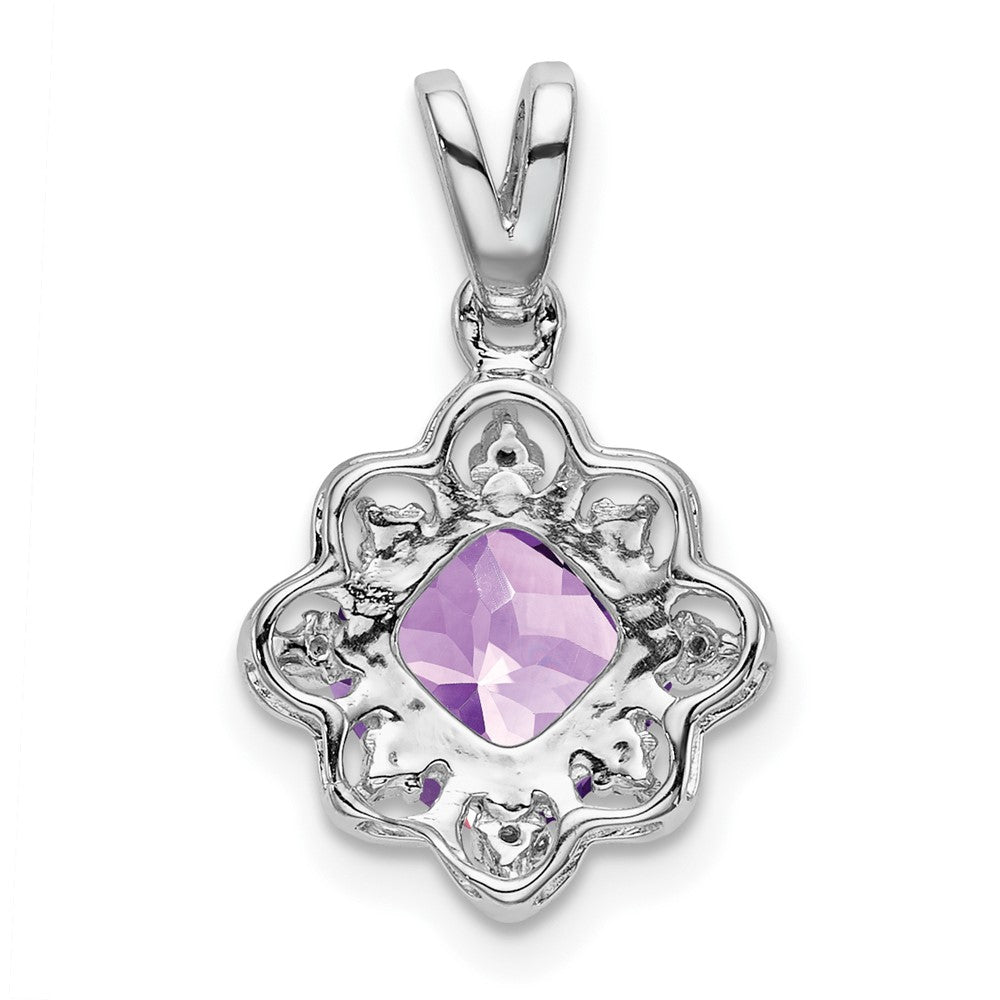 14k White Gold 7mm Cushion Amethyst and Diamond Scalloped Pendant
