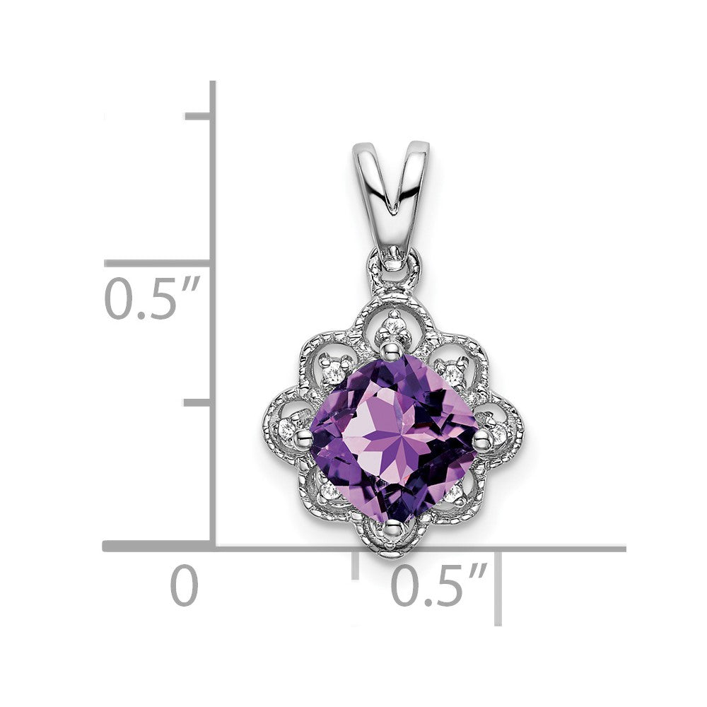 14k White Gold 7mm Cushion Amethyst and Diamond Scalloped Pendant