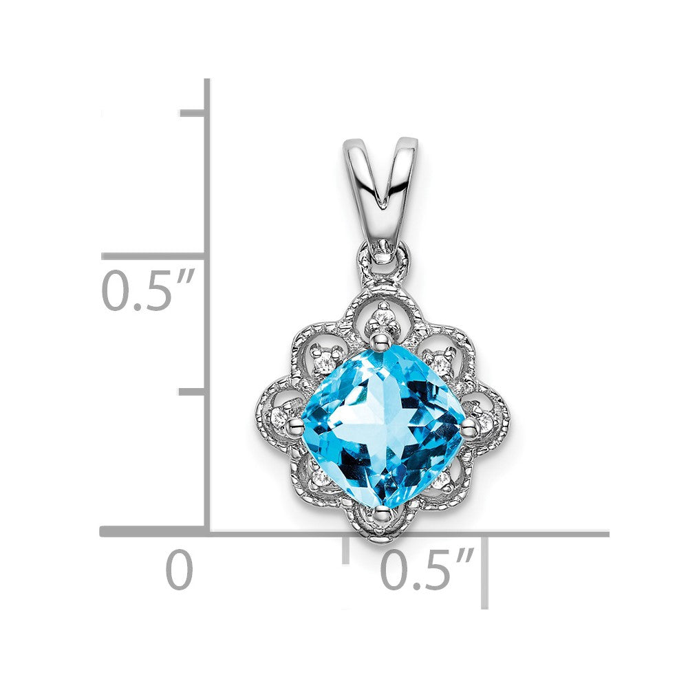 14k White Gold 7mm Cushion Blue Topaz and Diamond Scalloped Pendant