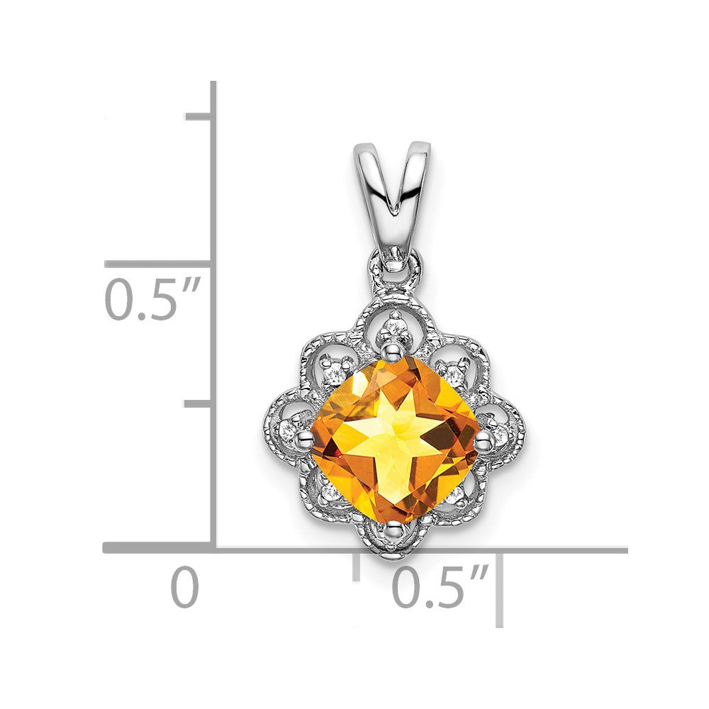 14k White Gold 7mm Cushion Citrine and Diamond Scalloped Pendant