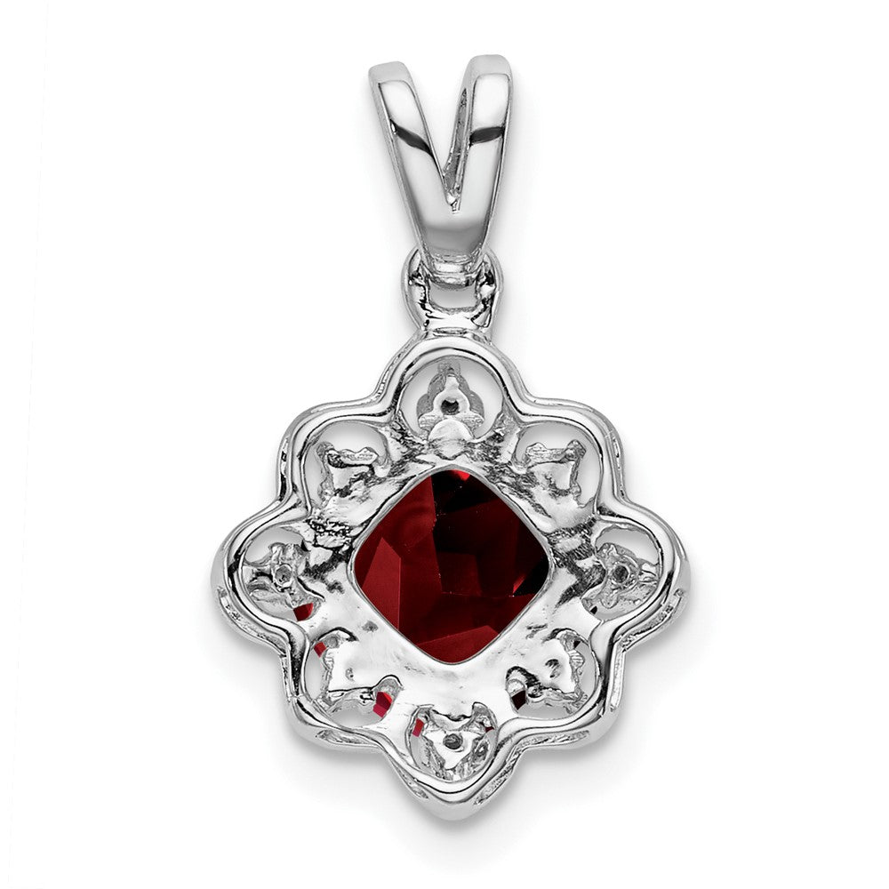 14k White Gold 7mm Cushion Garnet and Diamond Scalloped Pendant