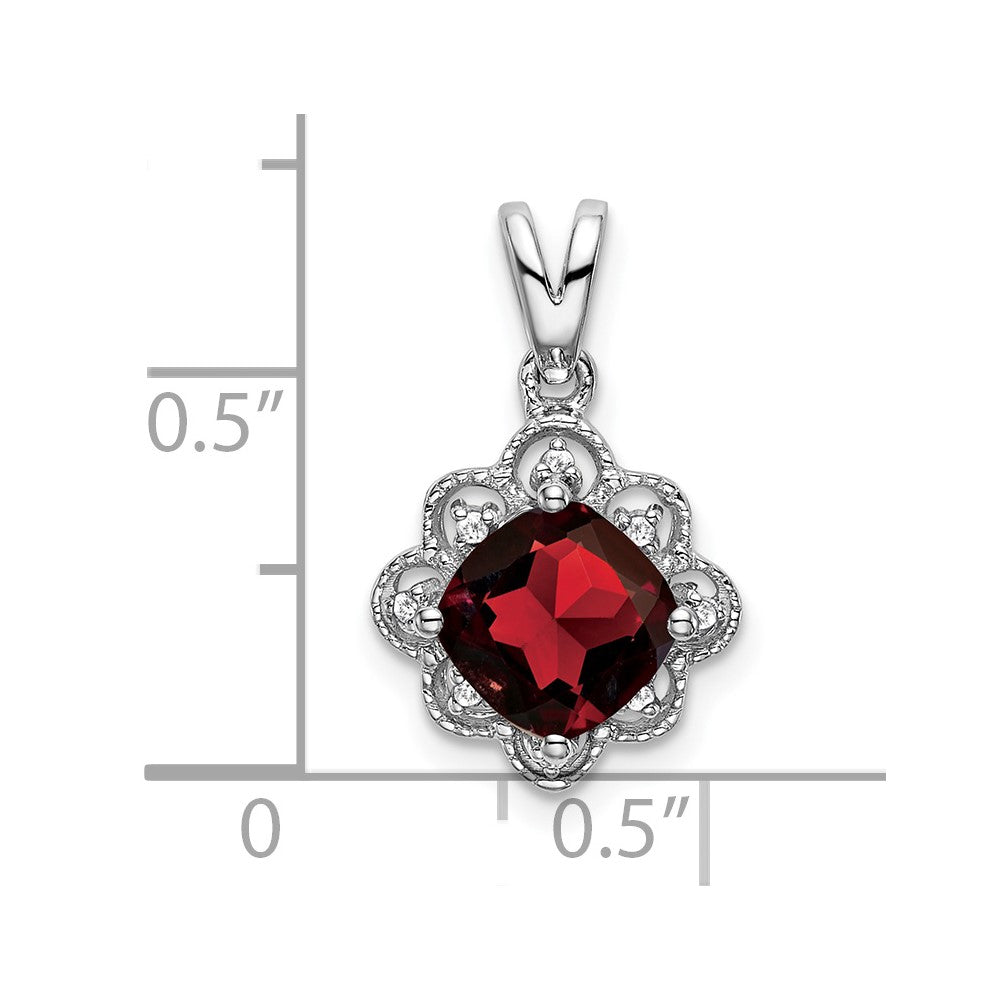 14k White Gold 7mm Cushion Garnet and Diamond Scalloped Pendant