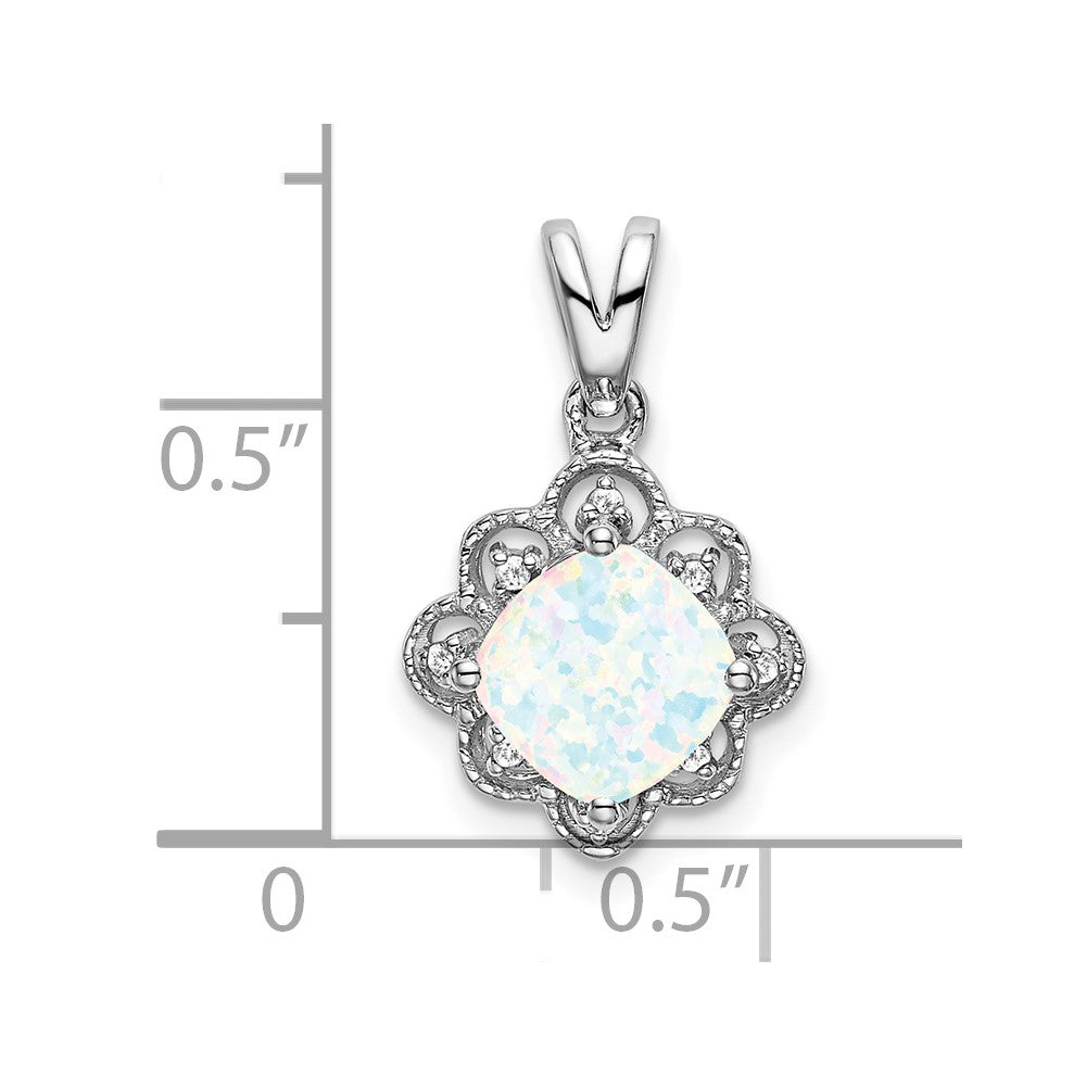 14k White Gold Lab Created Opal and Diamond Scalloped Pendant