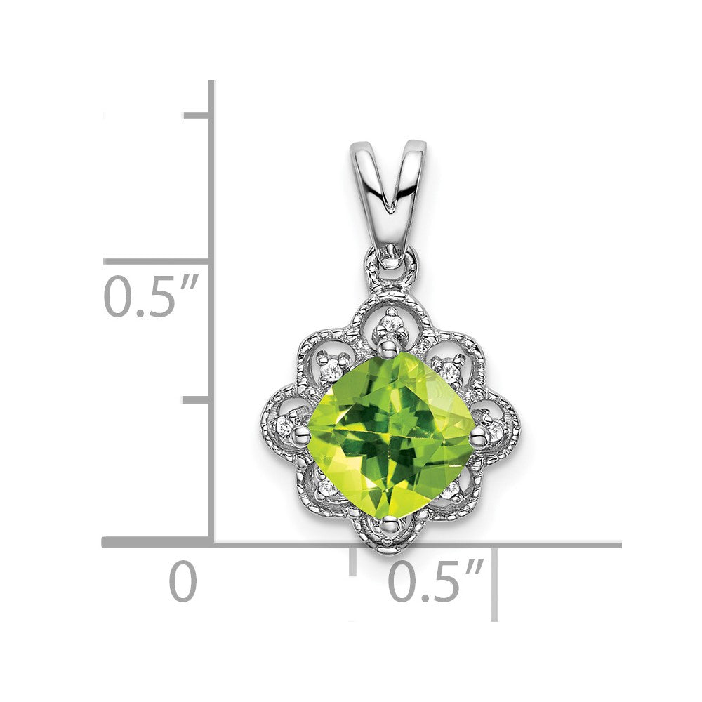 14k White Gold 7mm Cushion Peridot and Diamond Scalloped Pendant