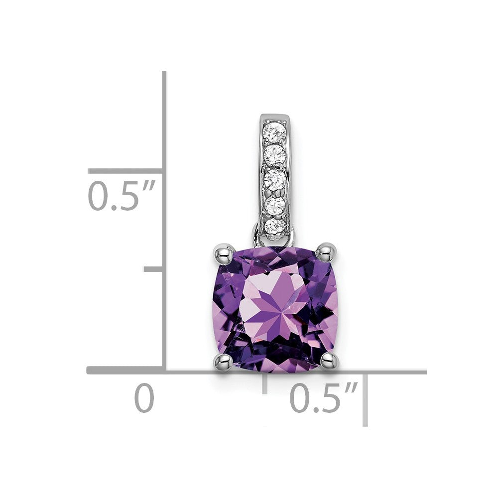 14k White Gold 8mm Cushion Amethyst and Diamond Pendant