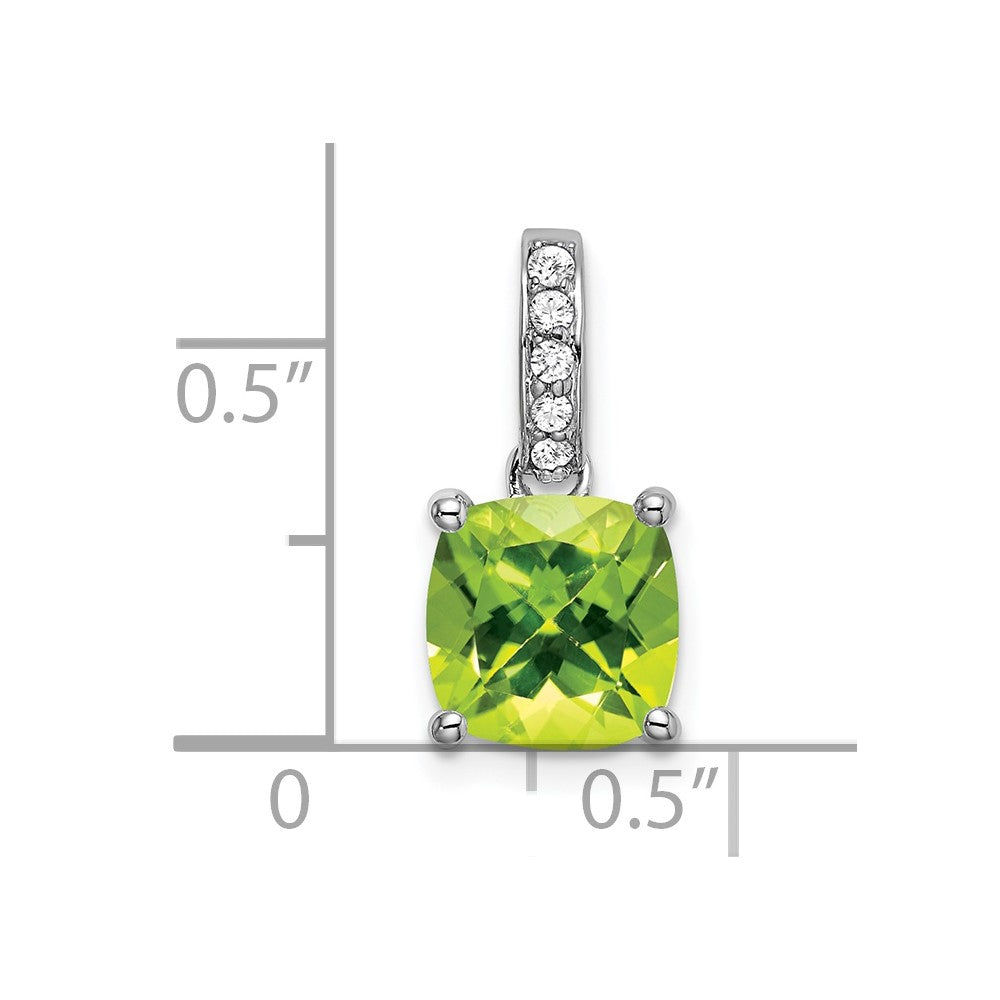 14k White Gold 8mm Cushion Peridot and Diamond Pendant