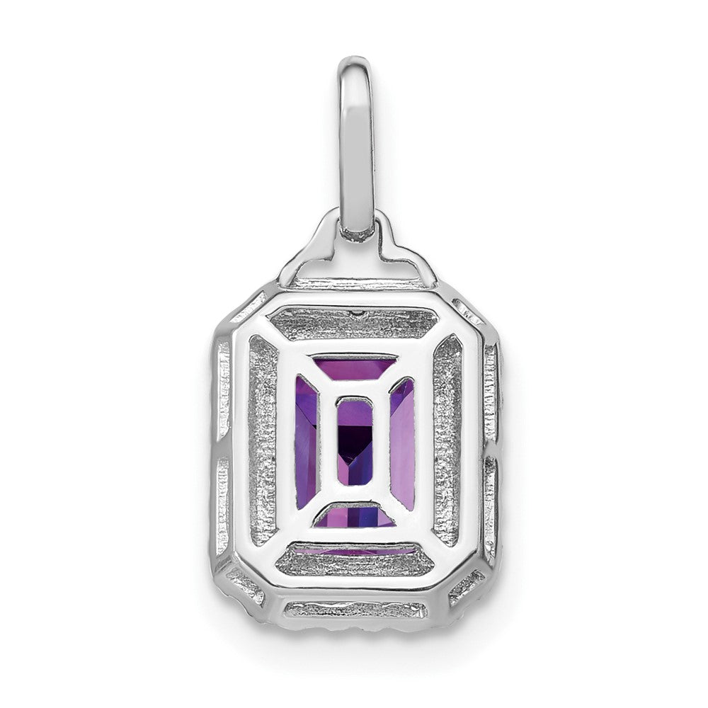 14k White Gold 9x7mm Emerald-cut Amethyst and Diamond Halo Pendant