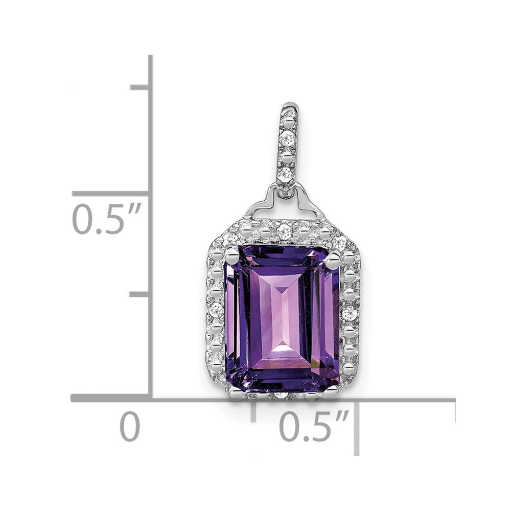 14k White Gold 9x7mm Emerald-cut Amethyst and Diamond Halo Pendant