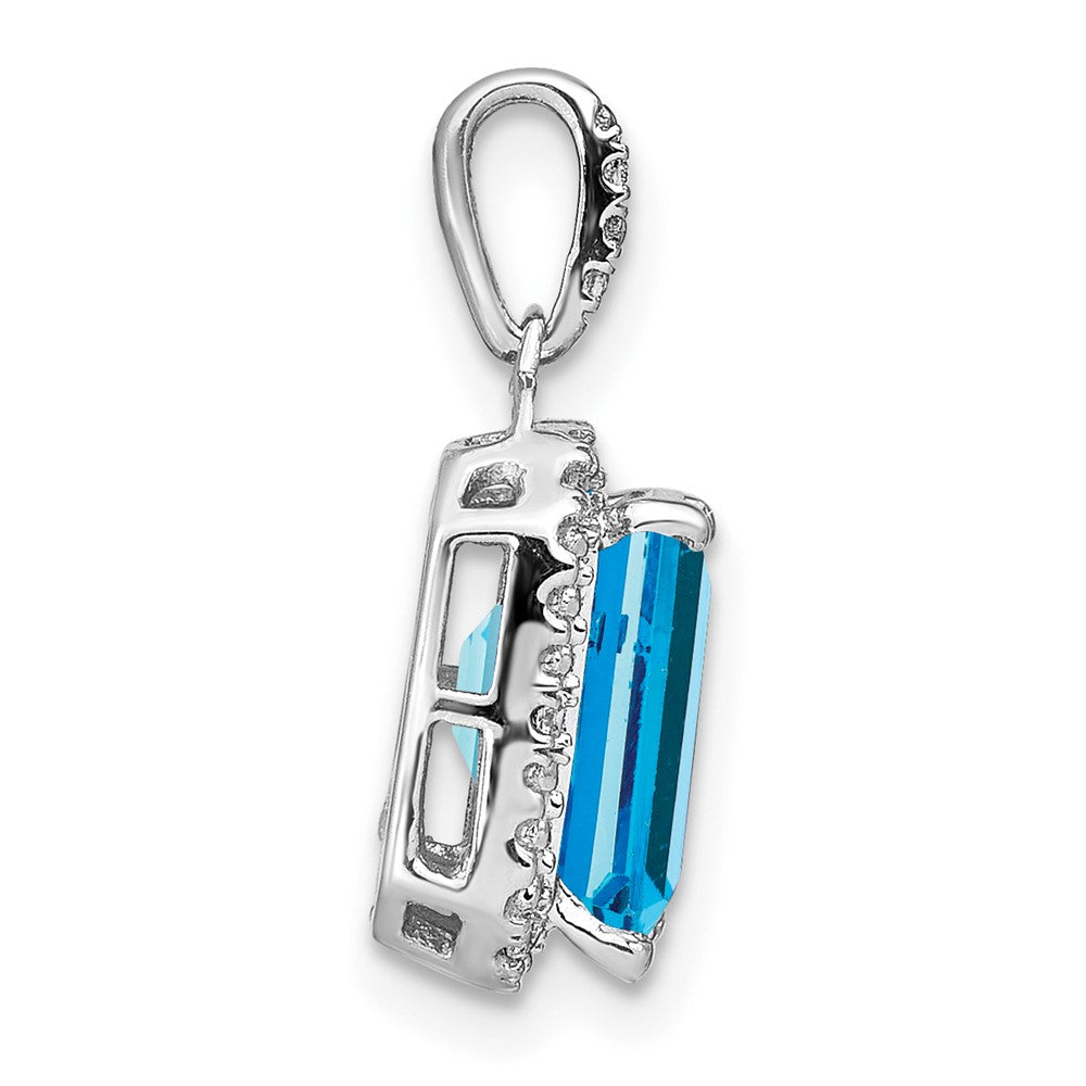 14k White Gold 9x7mm Emerald-cut Blue Topaz and Diamond Halo Pendant