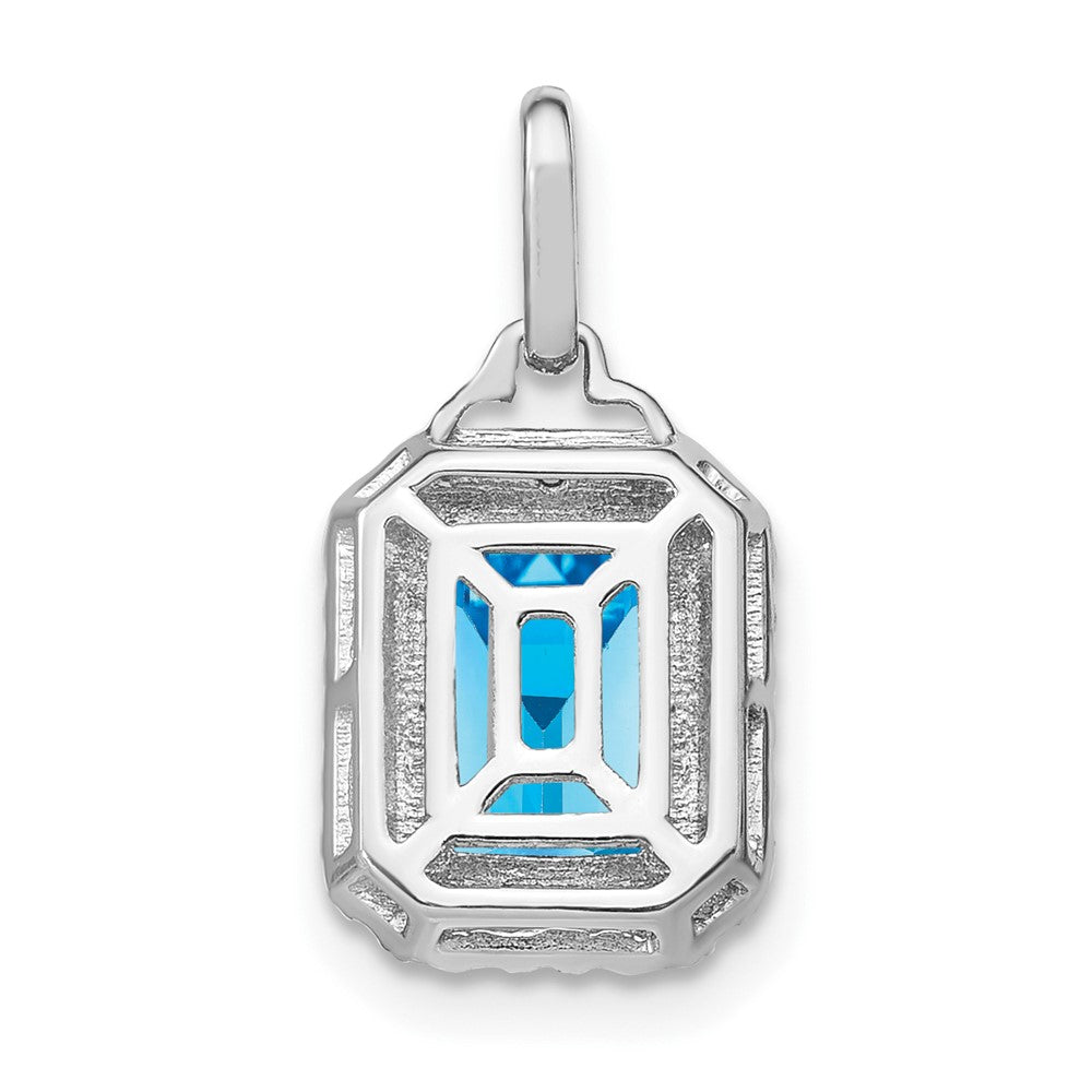 14k White Gold 9x7mm Emerald-cut Blue Topaz and Diamond Halo Pendant