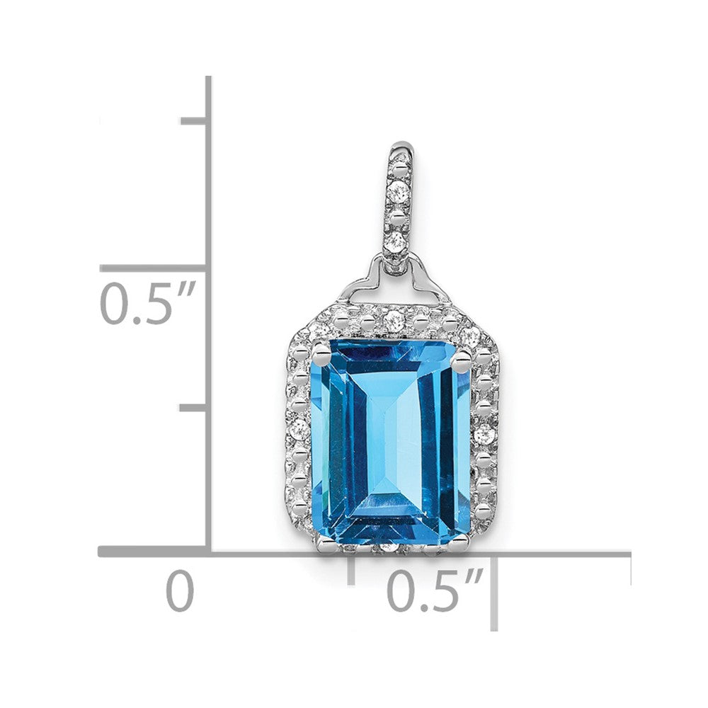 14k White Gold 9x7mm Emerald-cut Blue Topaz and Diamond Halo Pendant