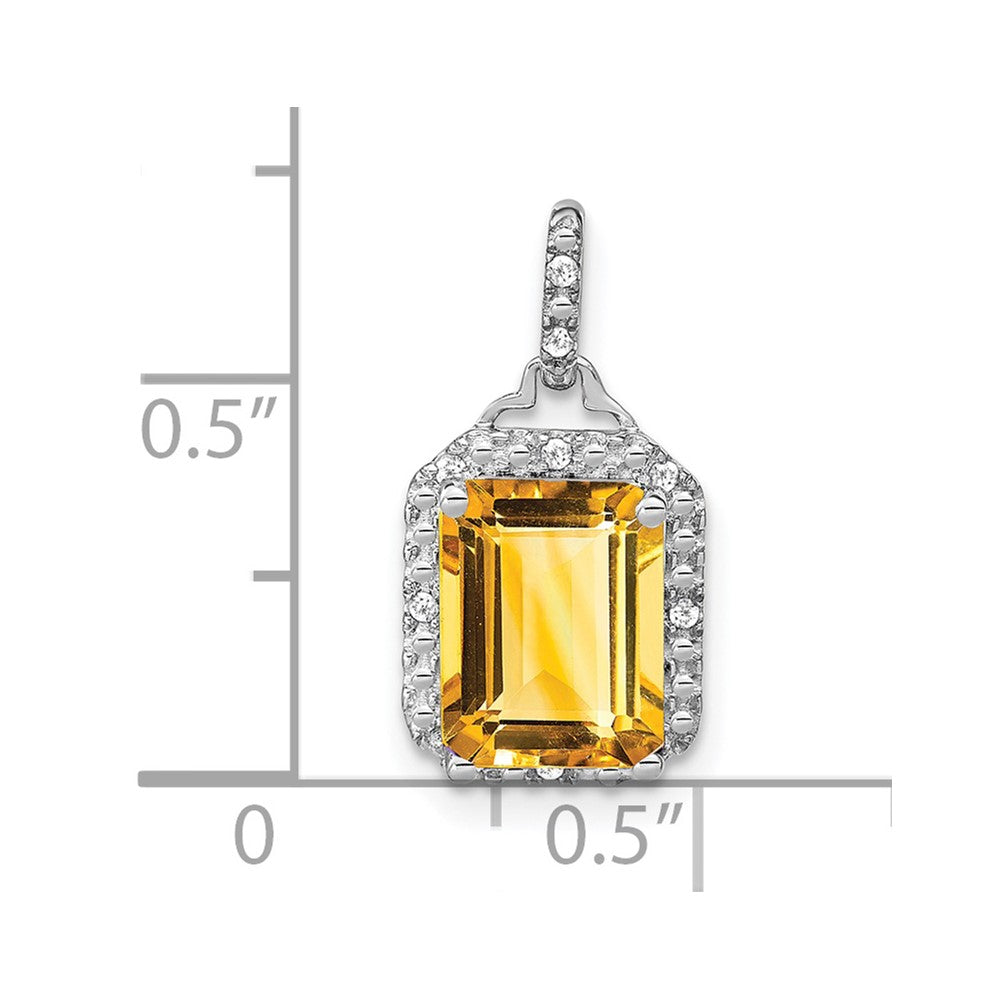 14k White Gold 9x7mm Emerald-cut Citrine and Diamond Halo Pendant