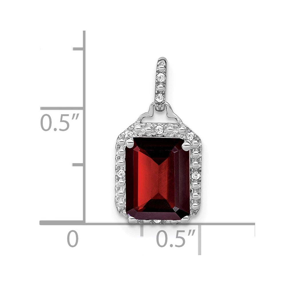 14k White Gold 9x7mm Emerald-cut Garnet and Diamond Halo Pendant