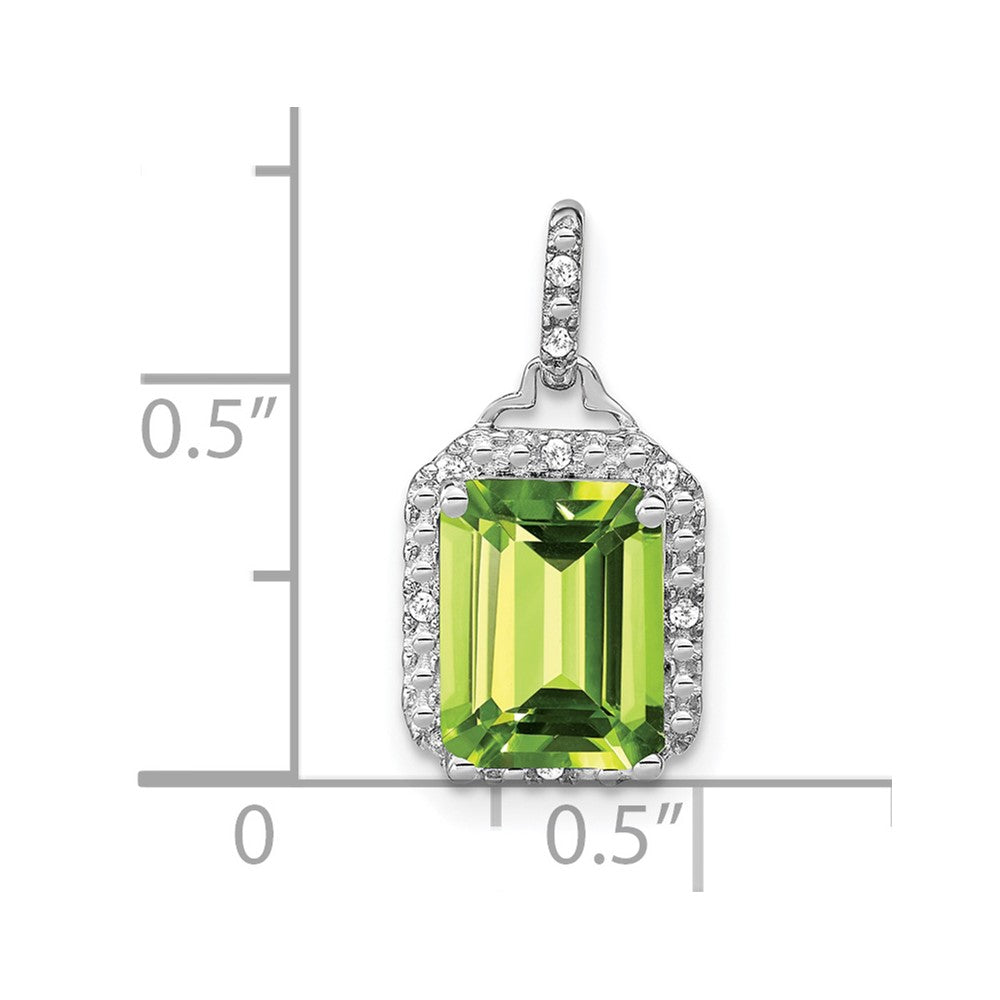14k White Gold 9x7mm Emerald-cut Peridot and Diamond Halo Pendant