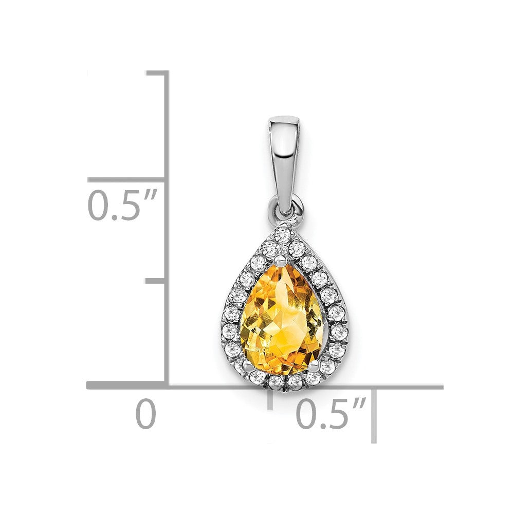 14k White Gold 7x5mm Pear Citrine and Diamond Halo Pendant