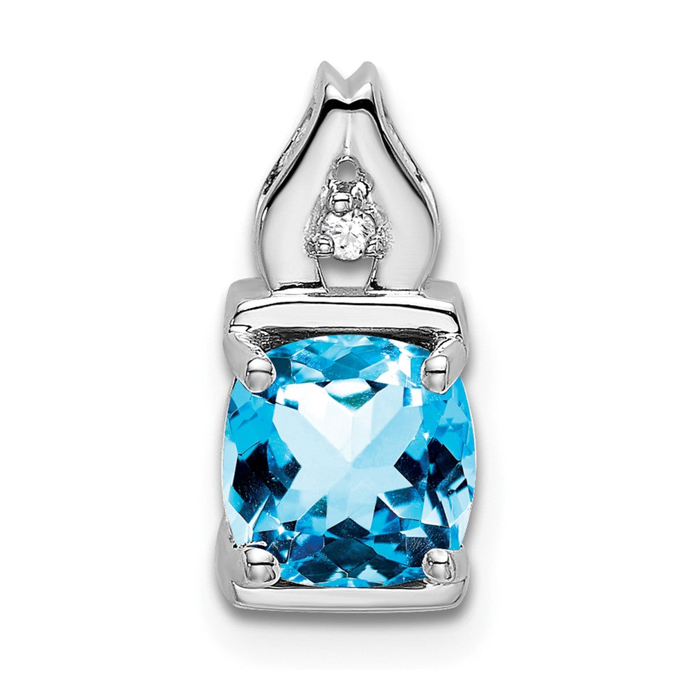 14k White Gold 6mm Cushion Blue Topaz and Diamond Chain Slide