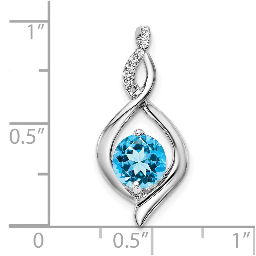 14k White Gold 6.5mm Round Blue Topaz and Diamond Fancy Pendant