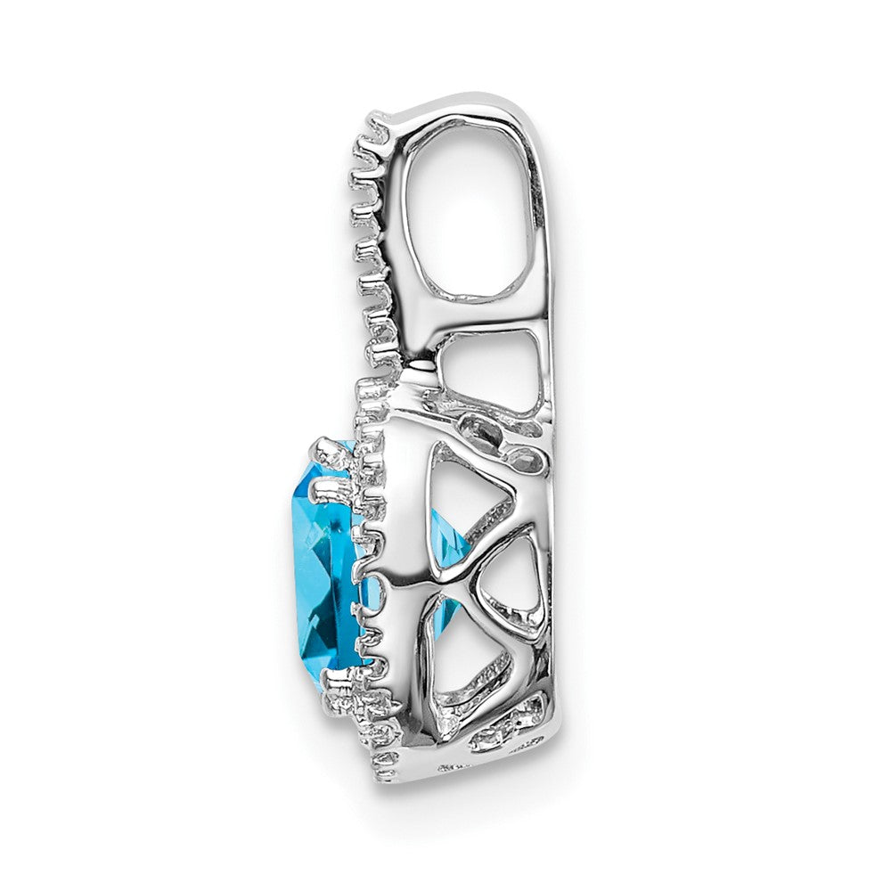 14k White Gold 6mm Cushion Blue Topaz and Diamond Pendant