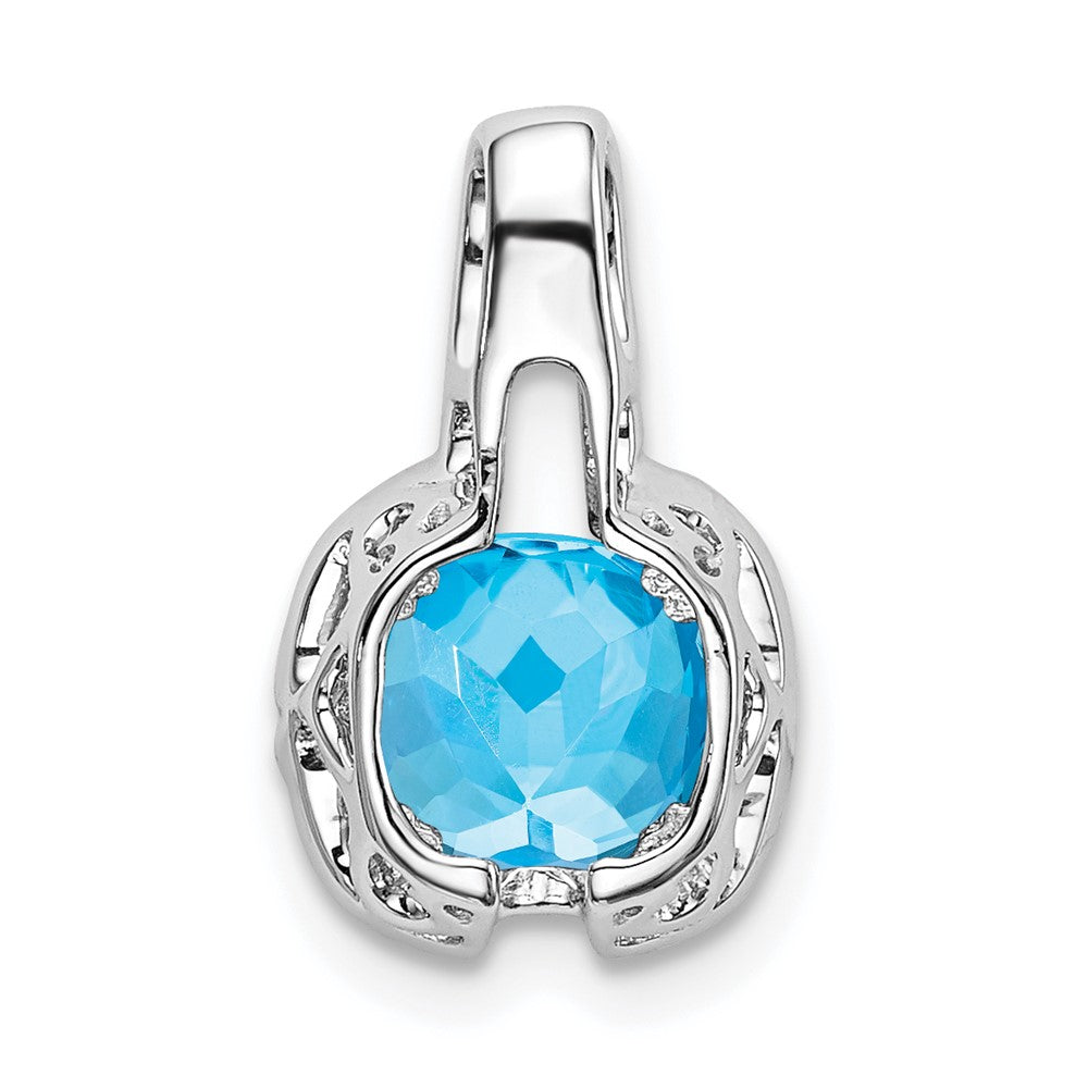 14k White Gold 6mm Cushion Blue Topaz and Diamond Pendant