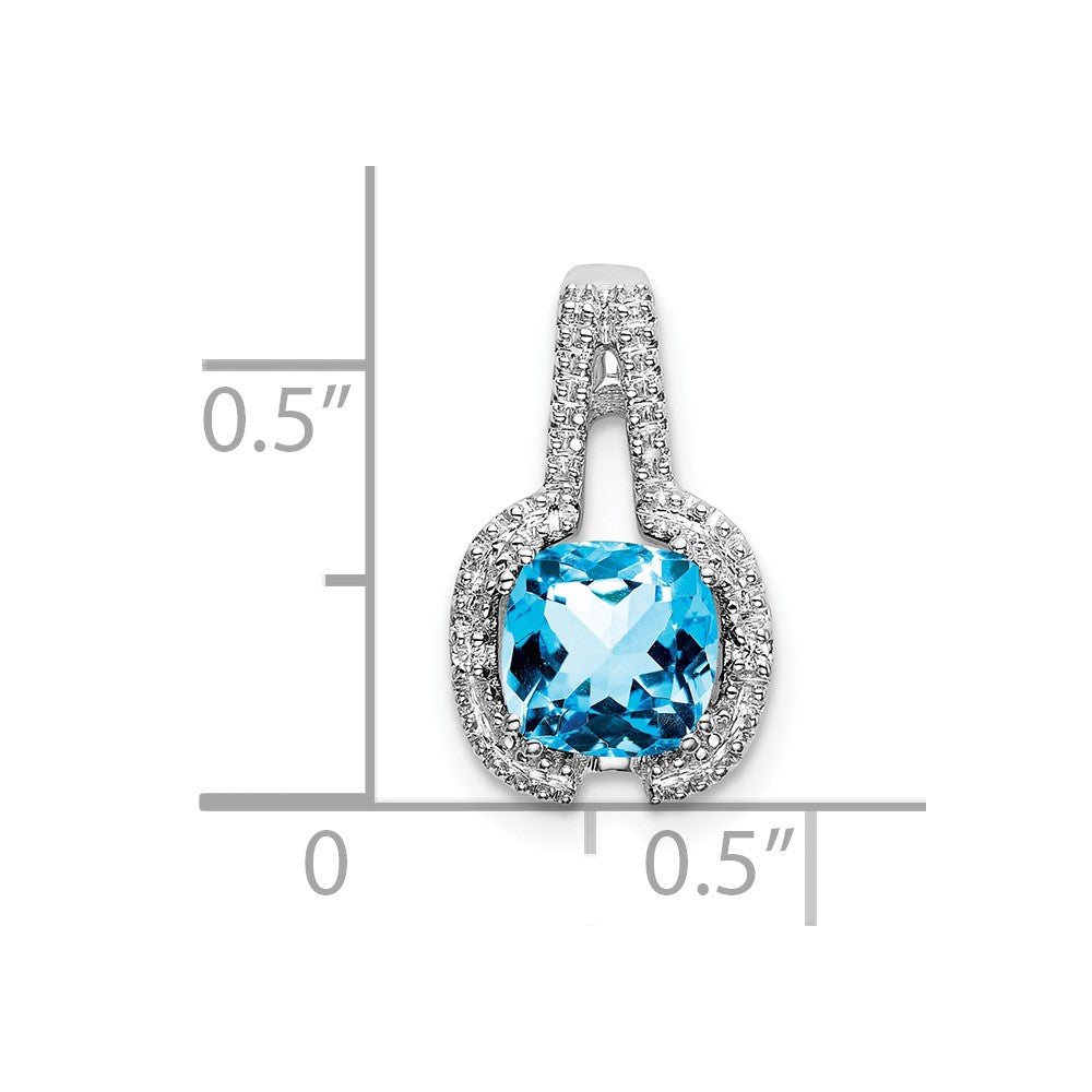 14k White Gold 6mm Cushion Blue Topaz and Diamond Pendant