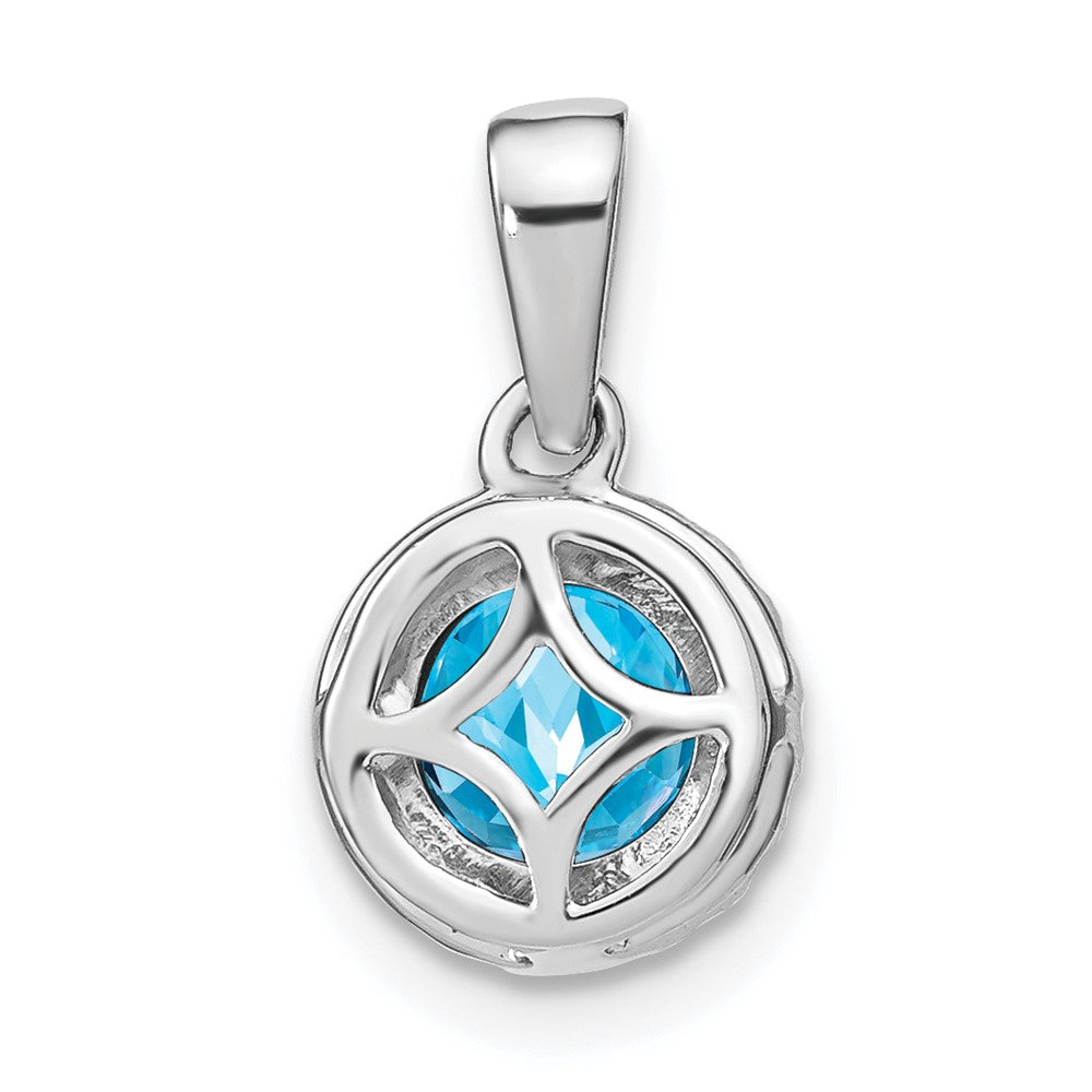 14k White Gold 6.5mm Round Blue Topaz and Diamond Halo Pendant