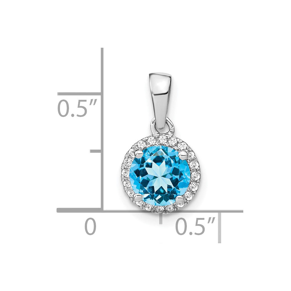14k White Gold 6.5mm Round Blue Topaz and Diamond Halo Pendant
