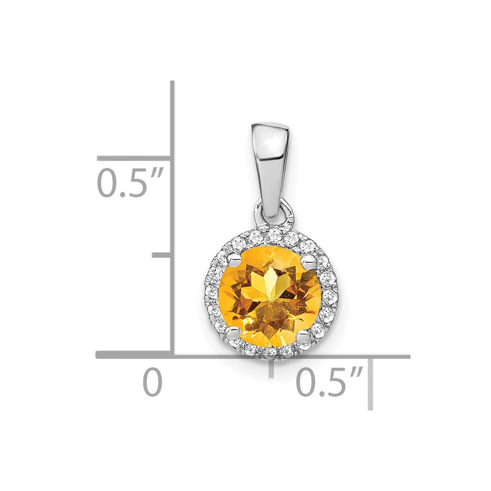 14k White Gold 6.5mm Round Citrine and Diamond Halo Pendant